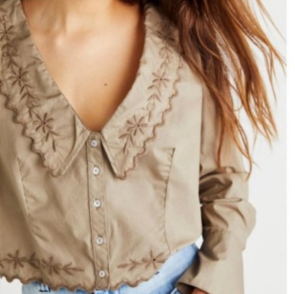 FREE PEOPLE Janie Vintage Inspired Embroidered Mocha Long Sleeve Blouse XS NWOT